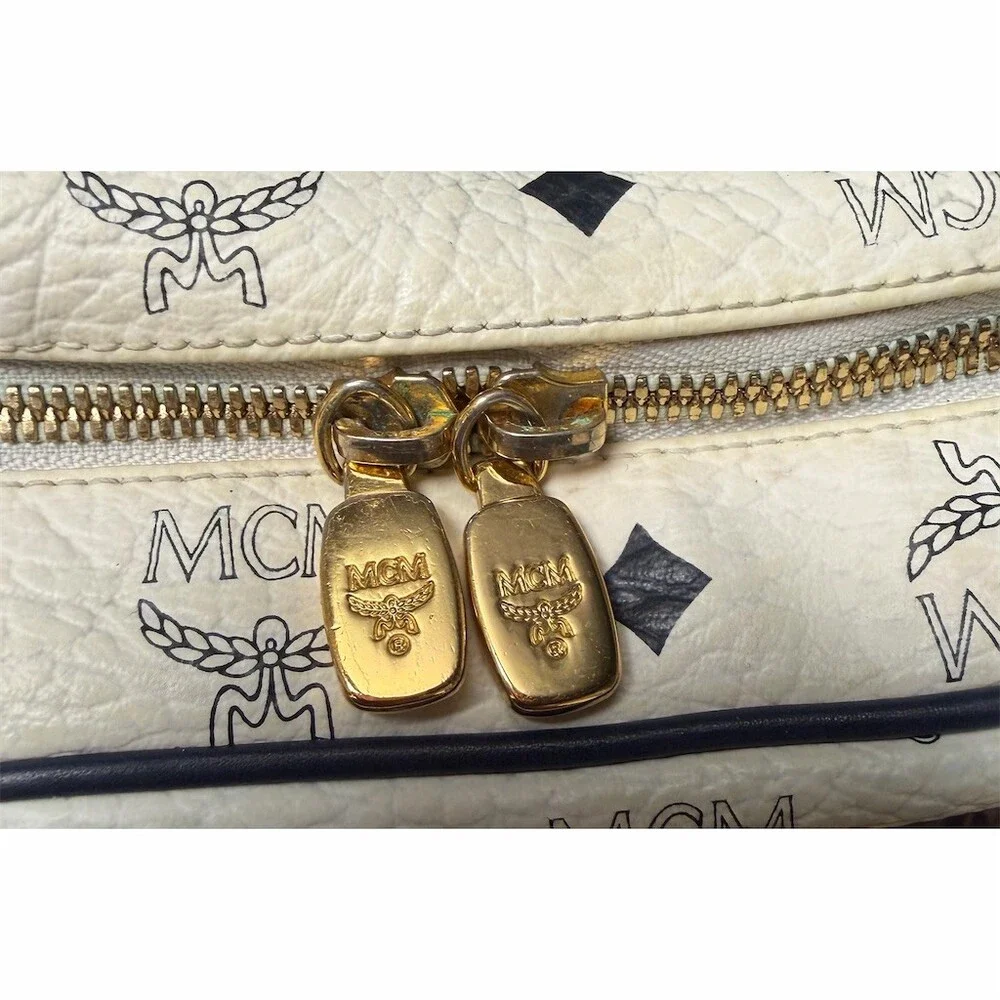 MCM Visetos Double Pocket Satchel Handbag Navy and White with Gold Hardware